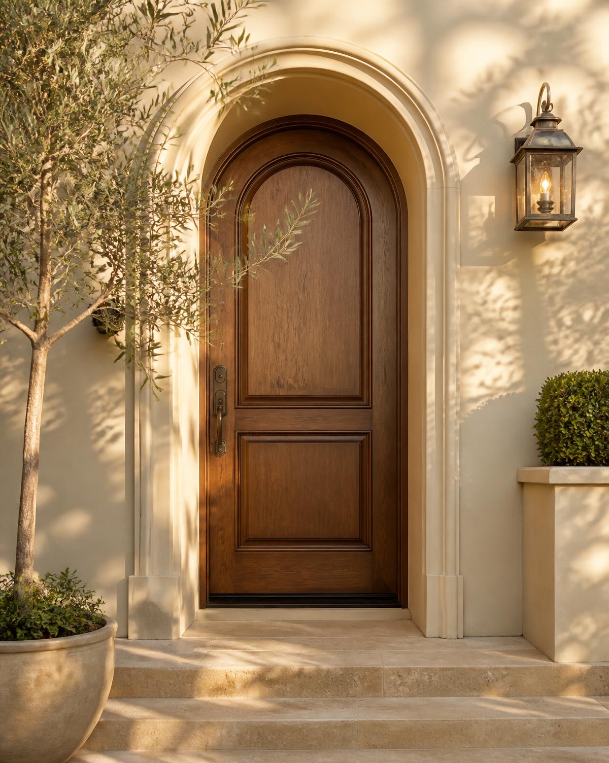 Arched wooden front door of an upscale ivory-stucco home